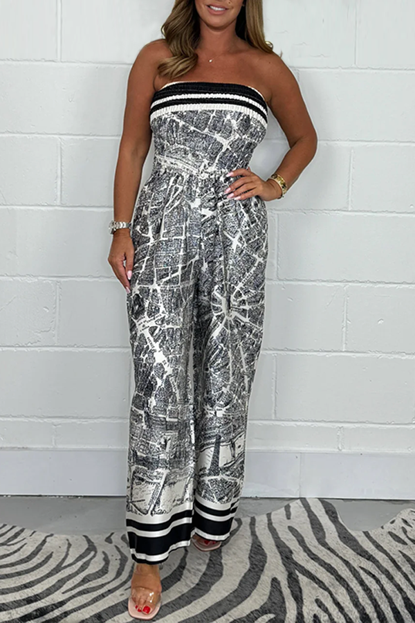 Smocked Bardot map print jumpsuit