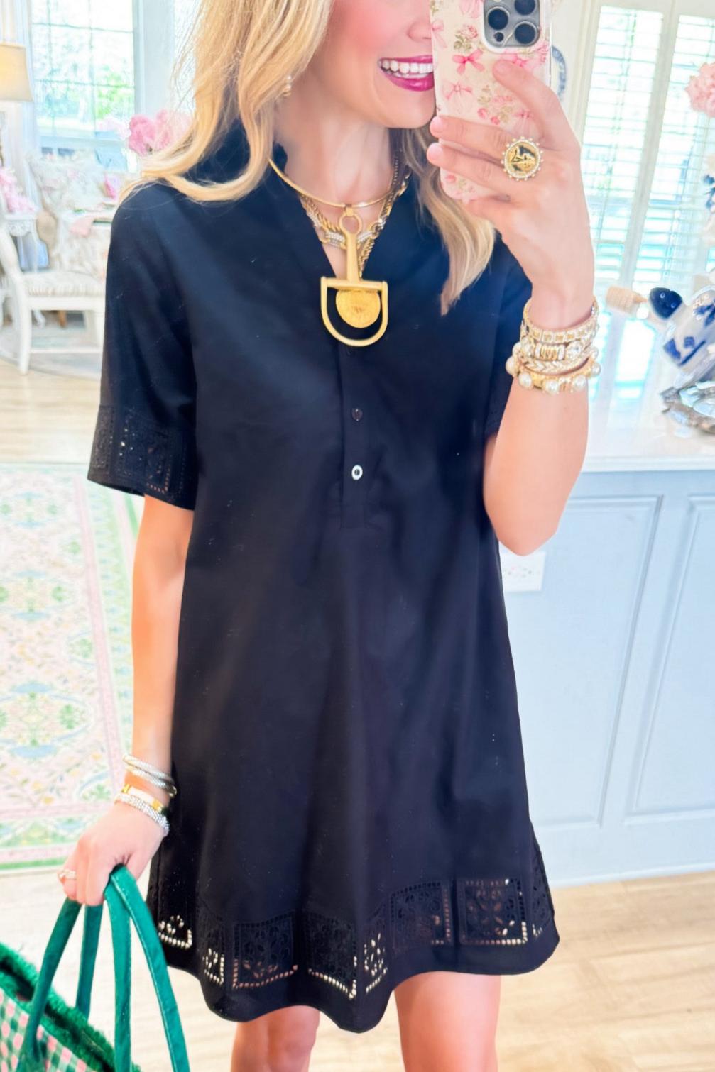 Black Solid Eyelet Cutwork Mini Dress