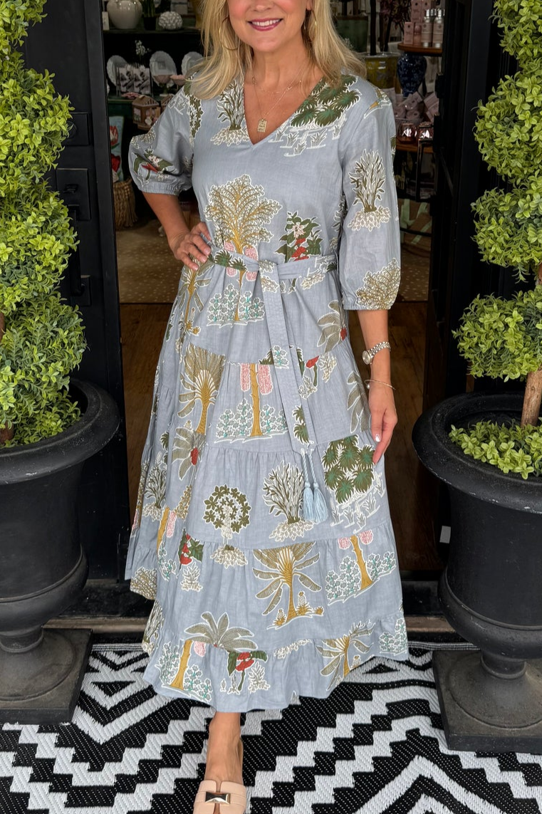 V-Neck Tropical Print Tiered Midi Dress