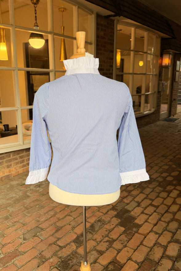 Ruffle Collar Striped 3/4 Sleeve Button-Down Blouse