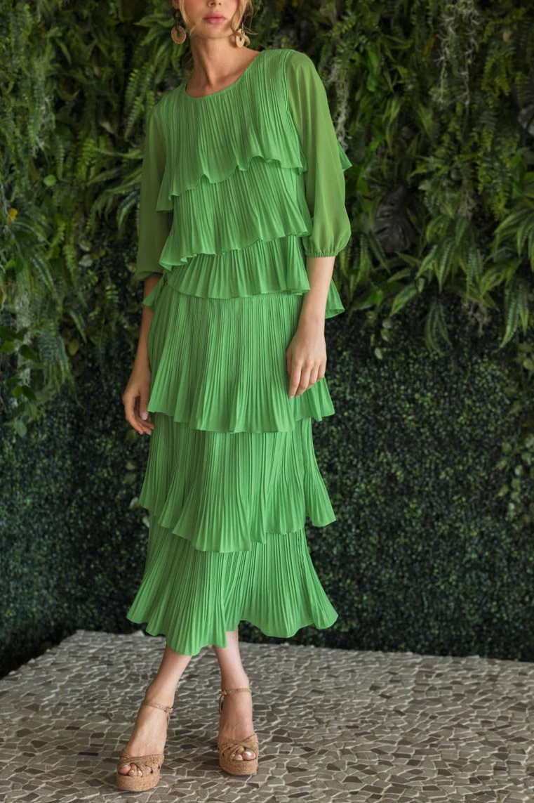 Green Pleated Tiered Maxi Dress Set