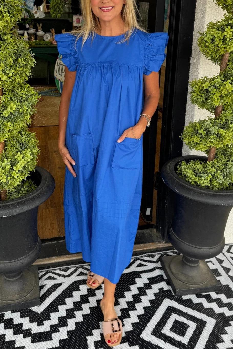 Flutter Sleeve Pocket Midi Shift Dress