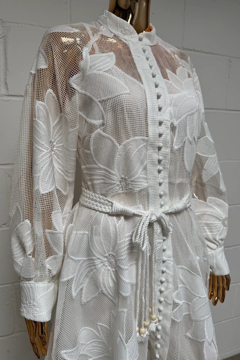 Sleeve Mesh Flower Detail Belted Button Up Dress