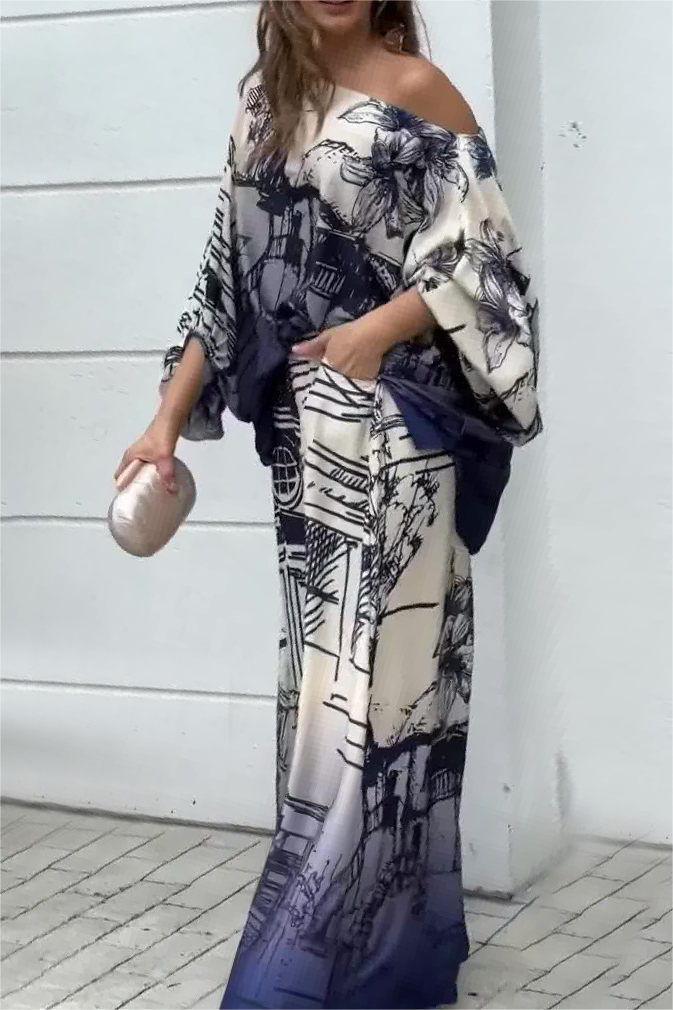 Printed Long-Sleeved Wide-Leg Pants Suit