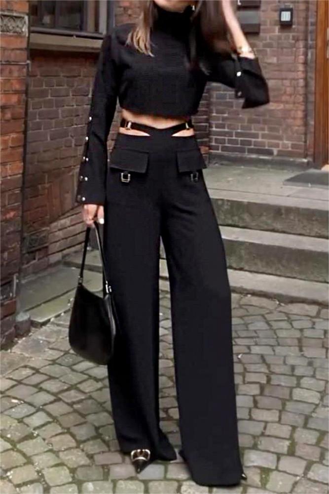 Solid Color High Collar Long Sleeve Cross Two Piece Suit