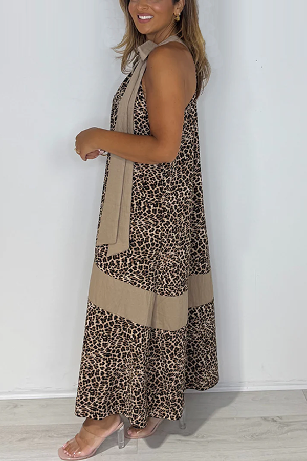 Leopard Print Tie Neck Floaty Dress