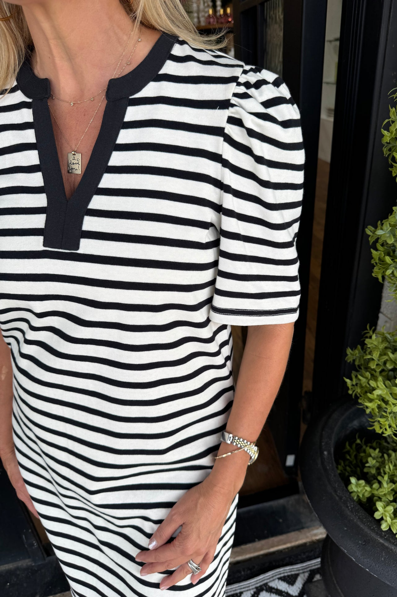 Striped Puff Sleeve Shift Dress