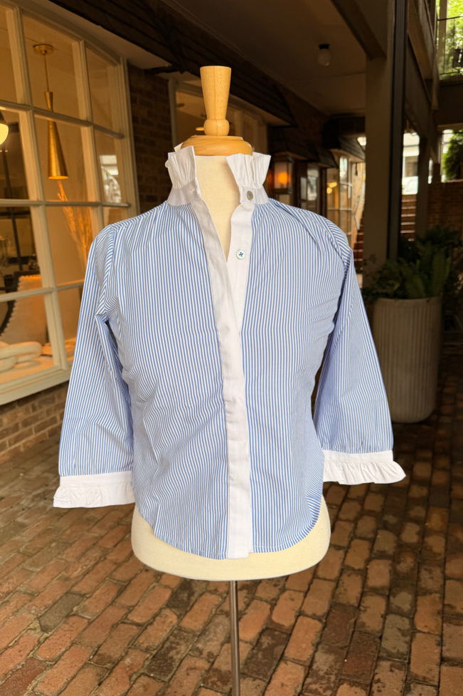 Ruffle Collar Striped 3/4 Sleeve Button-Down Blouse