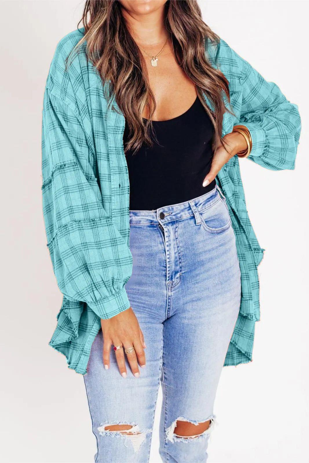 Button Down Mineral Washed Round Frayed Hem Plaid Shirt