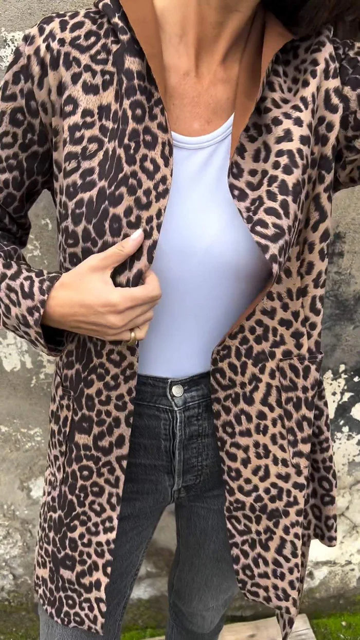 Hooded Leopard Print Long Sleeve Casual Jacket