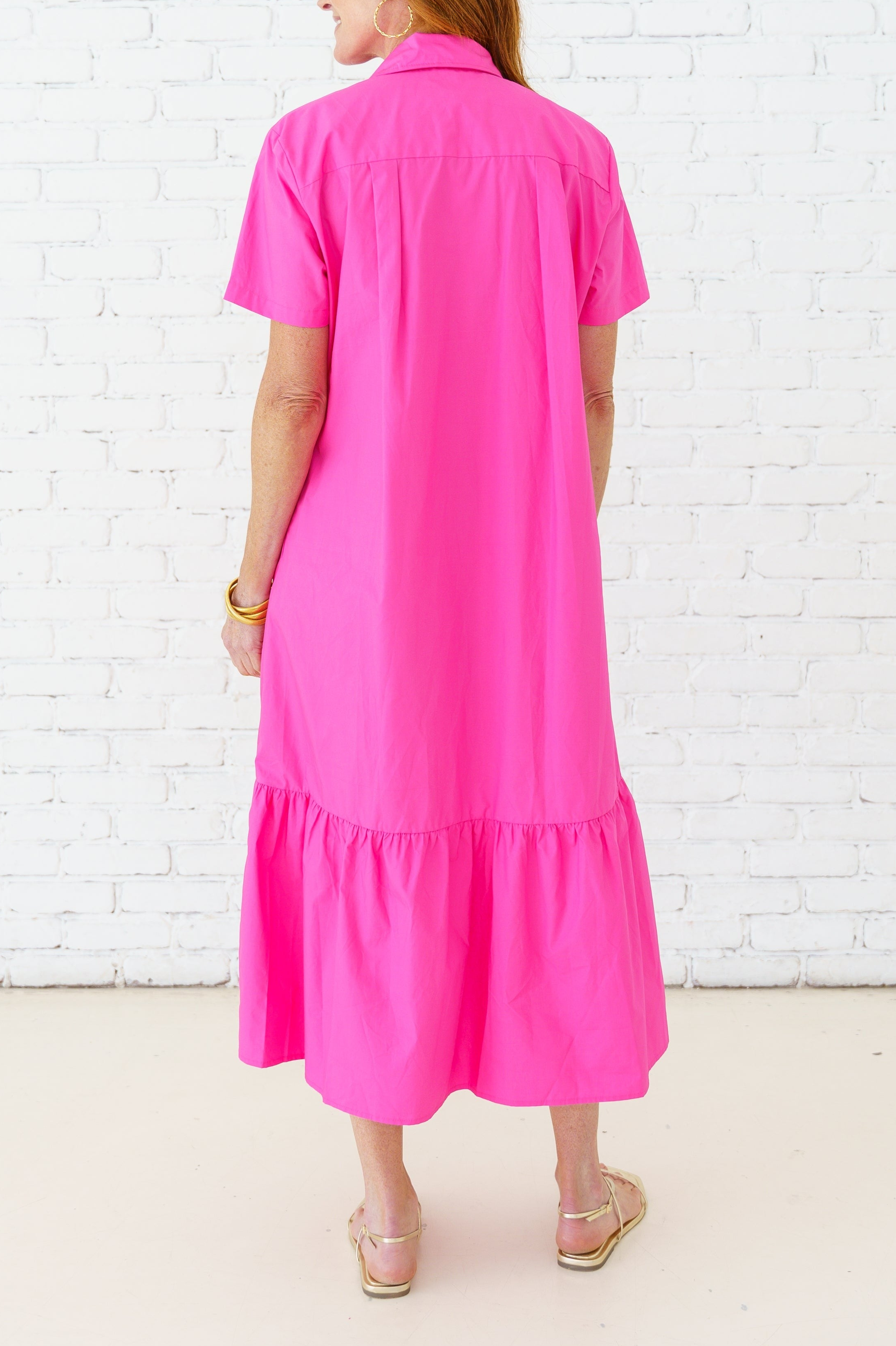 Bright Pink Short Sleeve Polo Collar Tiered Midi Dress