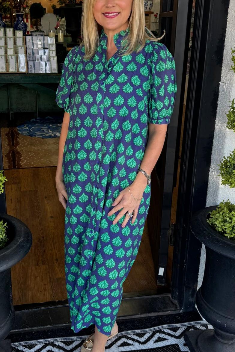 Printed stand-collar midi dress