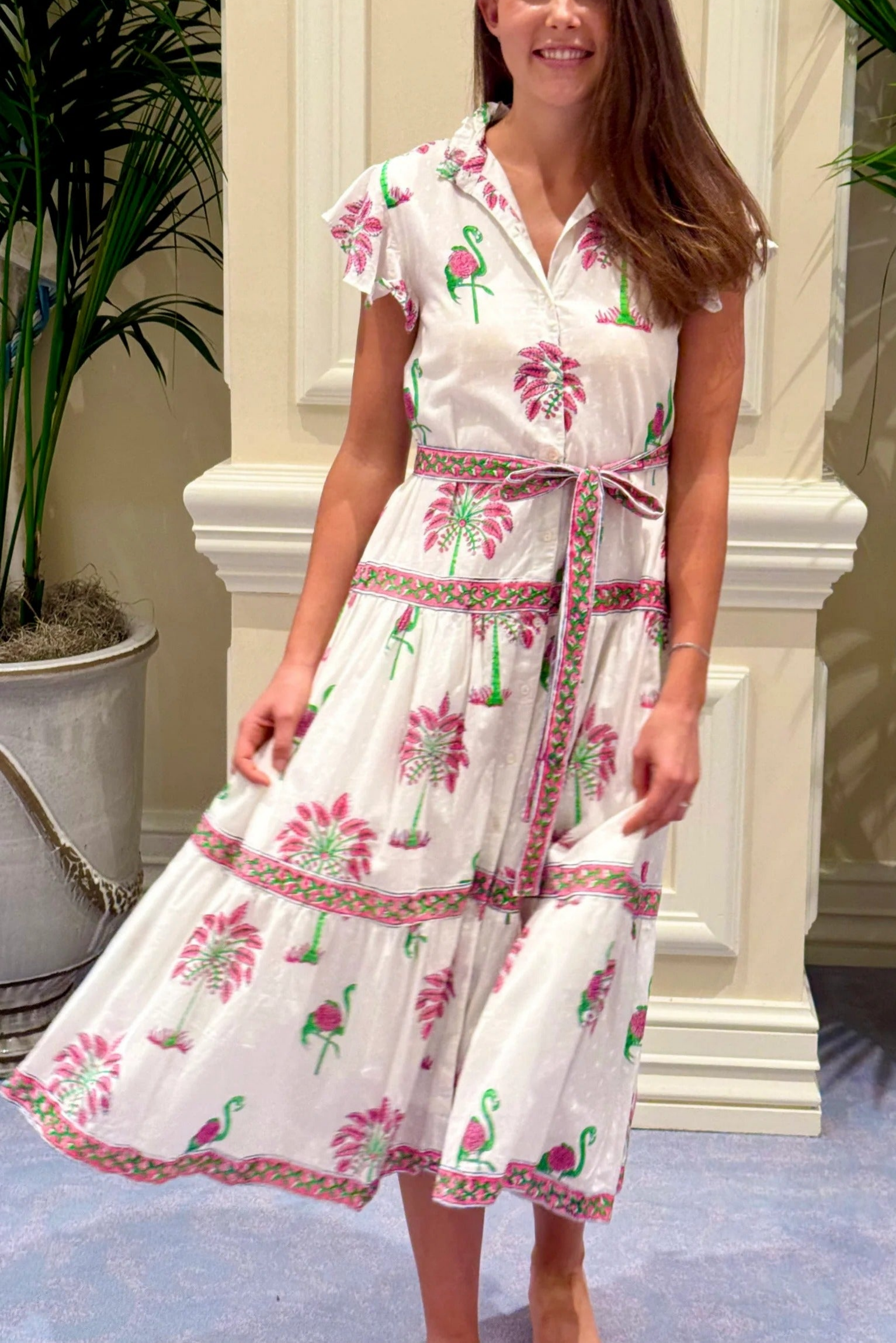 Vacation-Style Printed Tie-Waist Dress