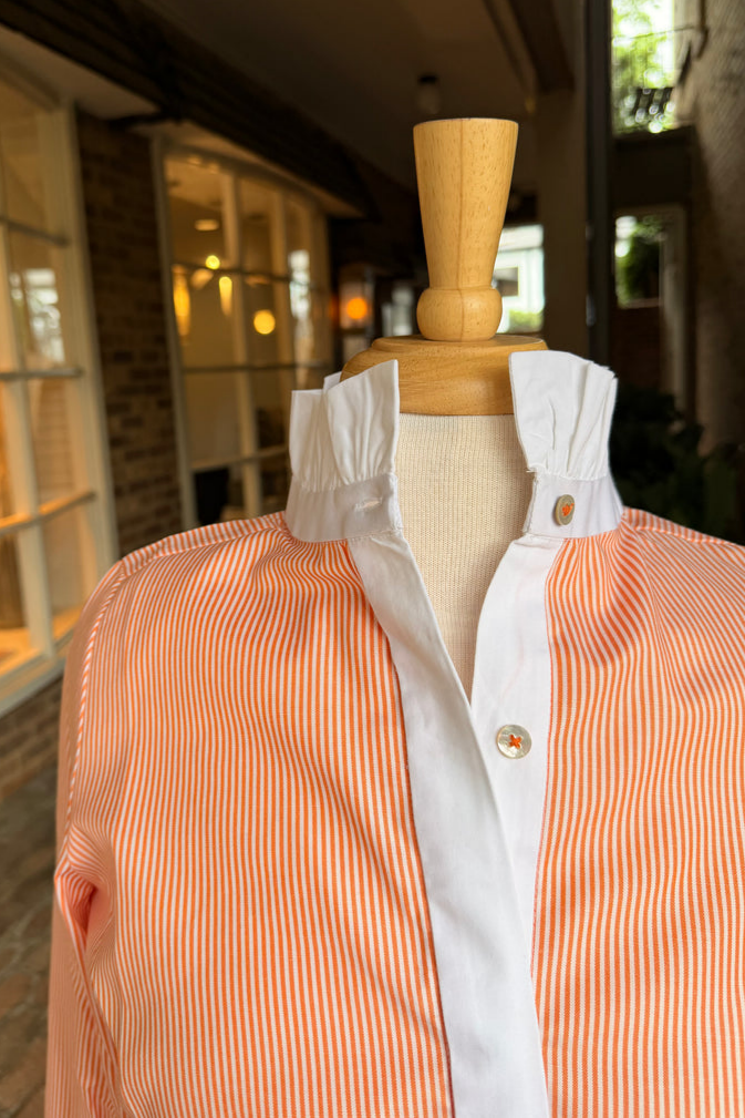 Ruffle Collar Striped 3/4 Sleeve Button-Down Blouse