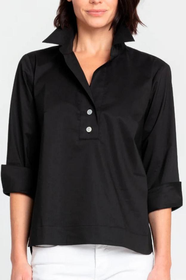 Black Collared Half Button Popover Blouse 