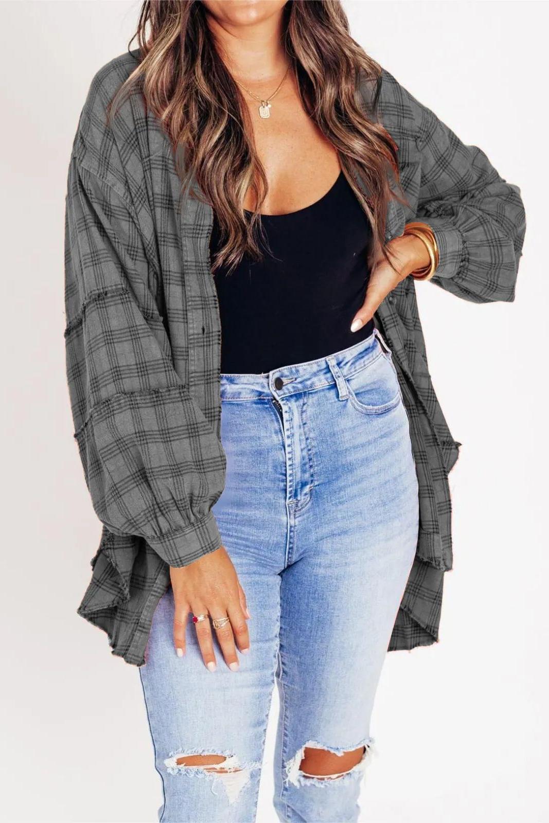 Button Down Mineral Washed Round Frayed Hem Plaid Shirt