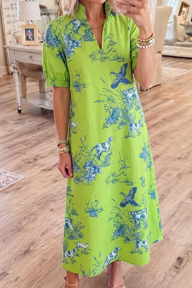Lime Green Print Puff Sleeve Dress