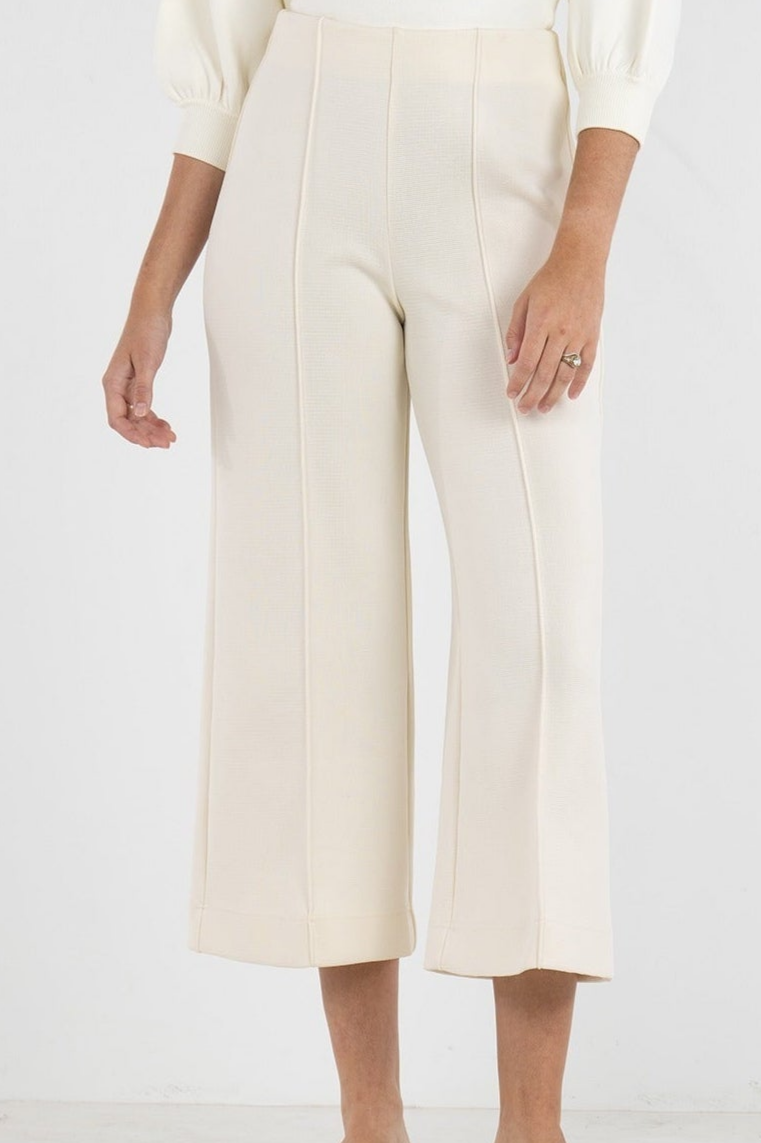 White High-Waisted Cropped Flare Knit Pants
