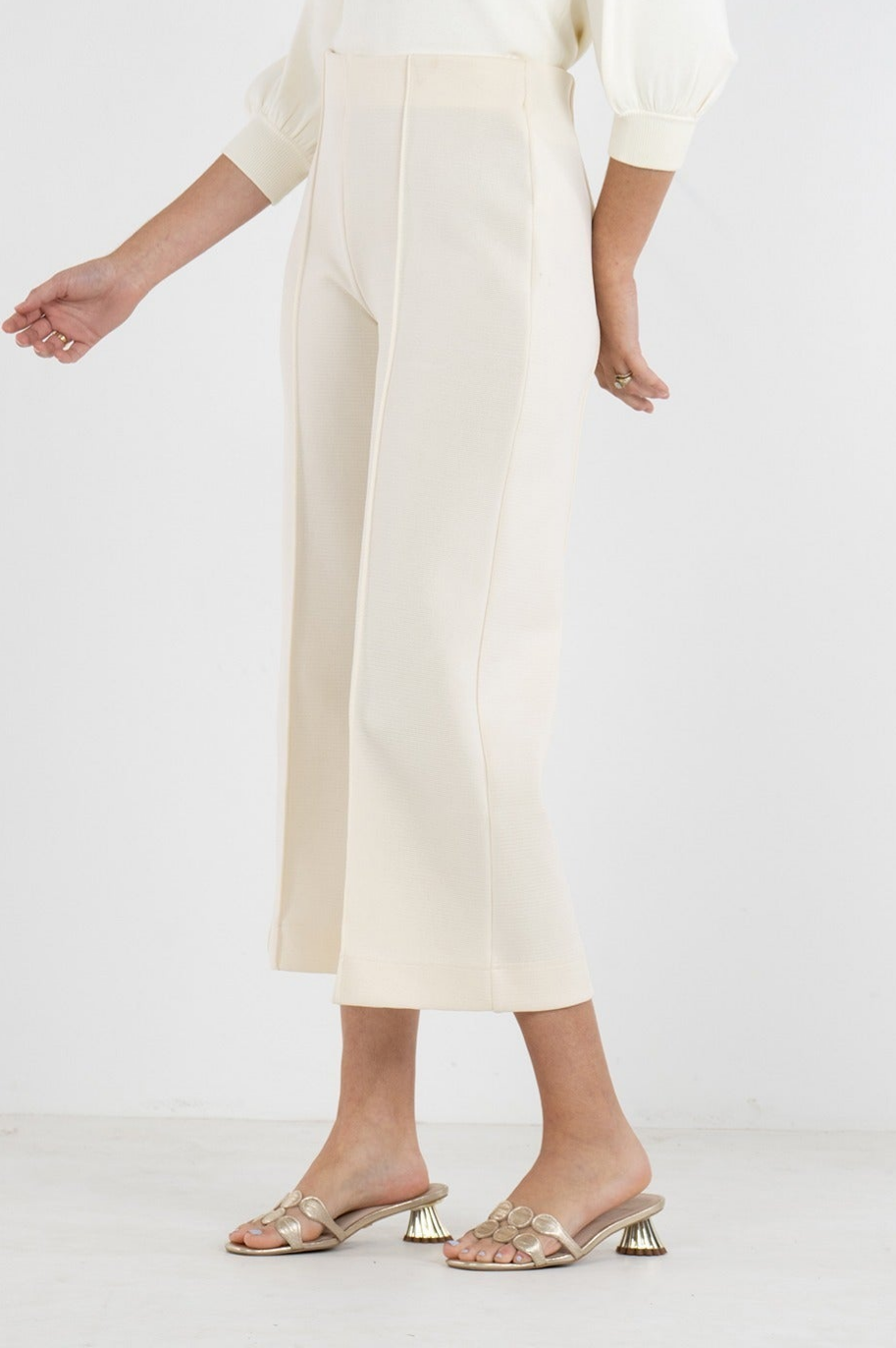 White High-Waisted Cropped Flare Knit Pants