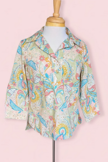 Pastel Print 3/4 Sleeve Button-Down Blouse
