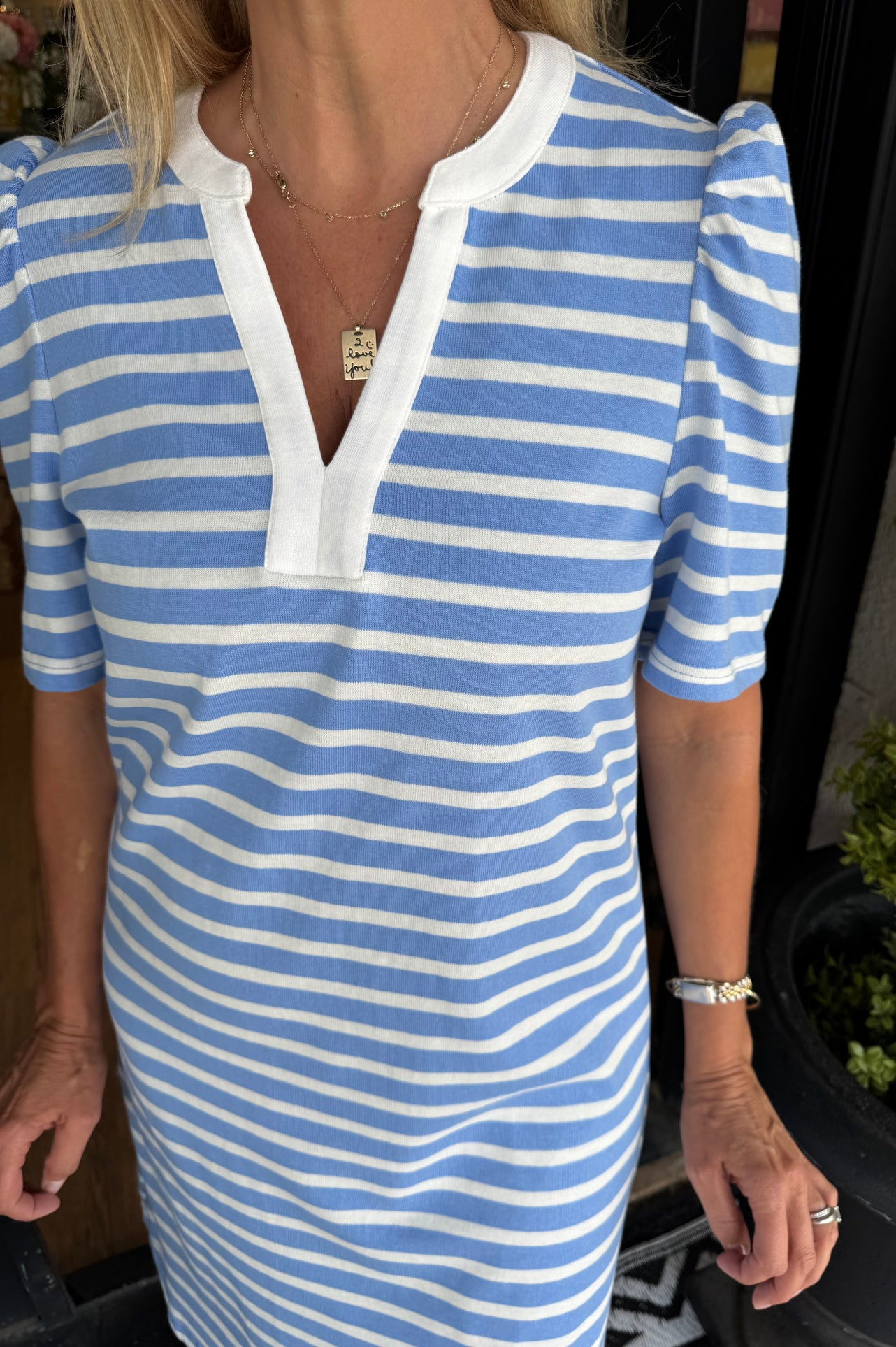 Striped Puff Sleeve Shift Dress