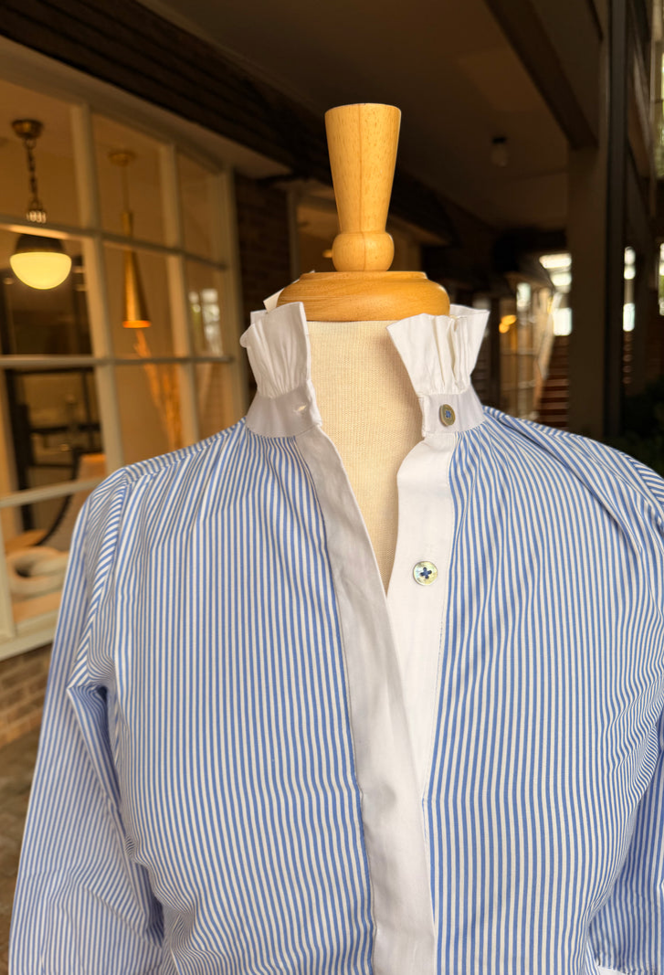 Ruffle Collar Striped 3/4 Sleeve Button-Down Blouse