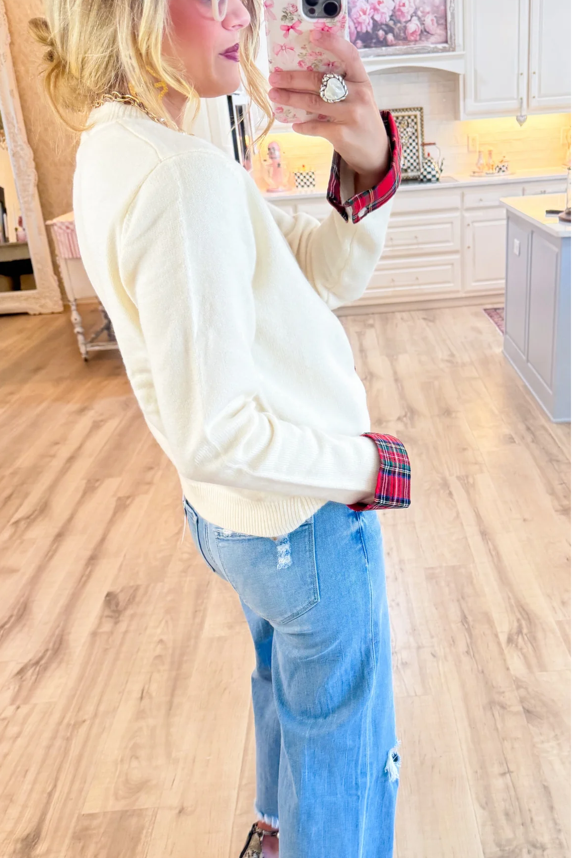 Cream Plaid Trimmed Cardigan