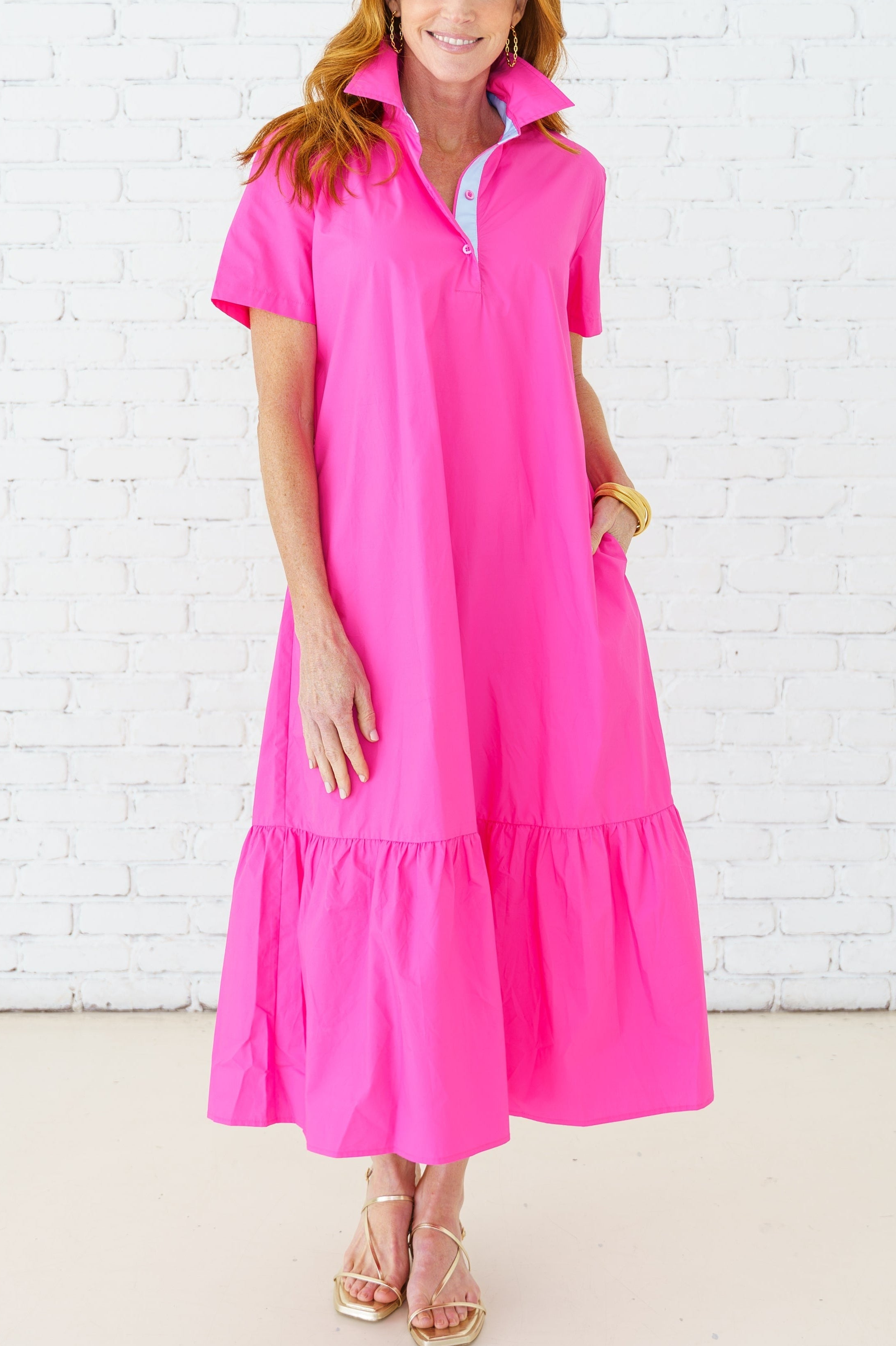 Bright Pink Short Sleeve Polo Collar Tiered Midi Dress