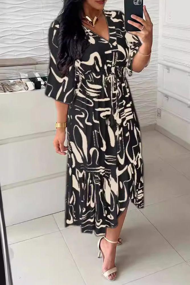 Printed V-Neck High Waist Lace-Up Dress