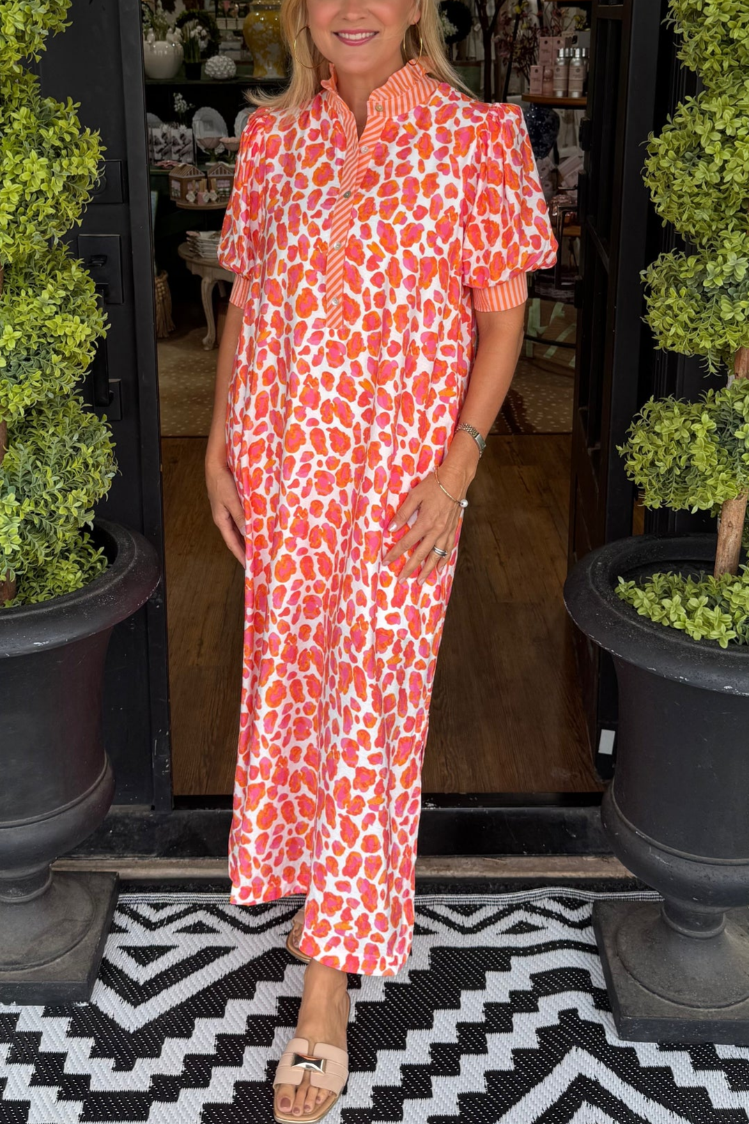 Orange Leopard Print Puff Sleeve Dress
