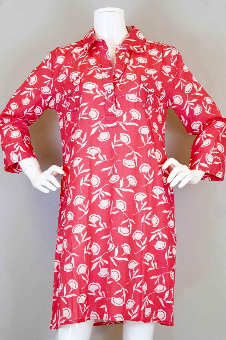 Red & White Block Print Viscose Shirt Dress