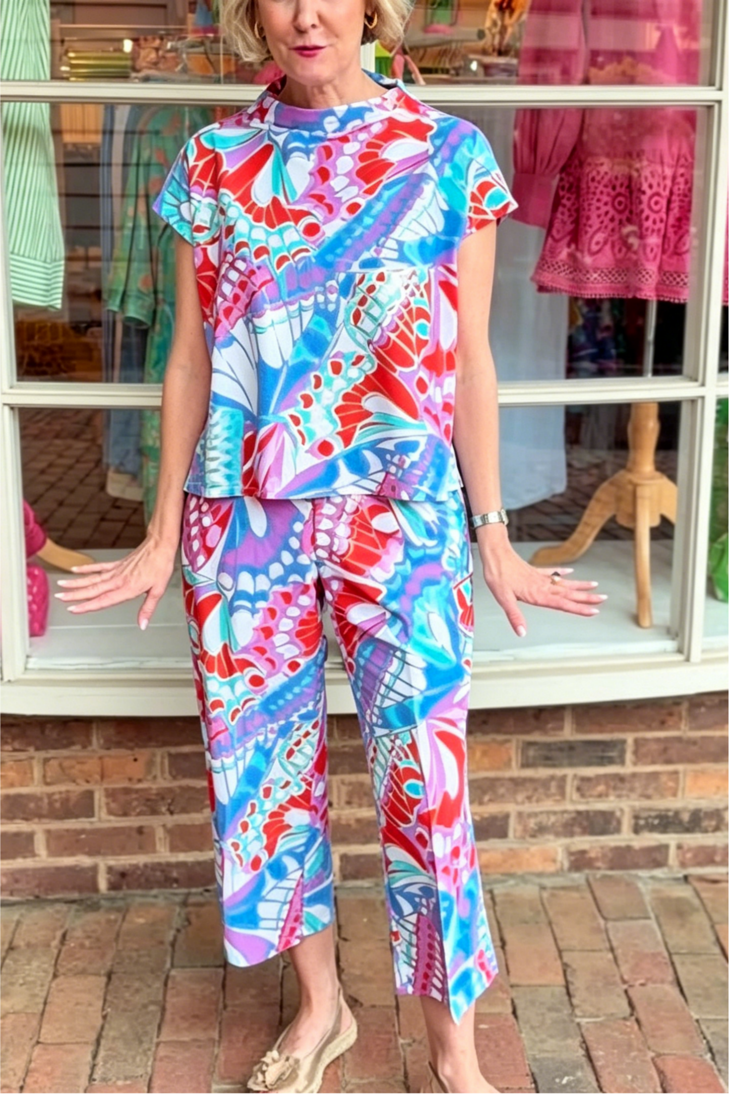 Butterfly Print Top & Cropped Wide Leg Pants Set