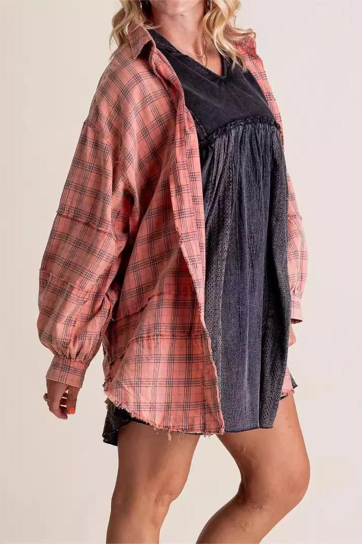 Button Down Mineral Washed Round Frayed Hem Plaid Shirt