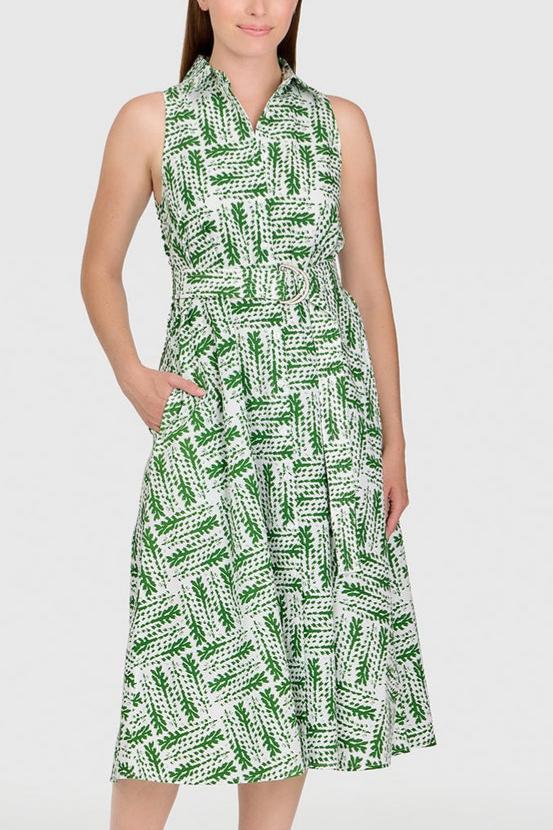 Leaf Print Sleeveless Midi Shirt Dress