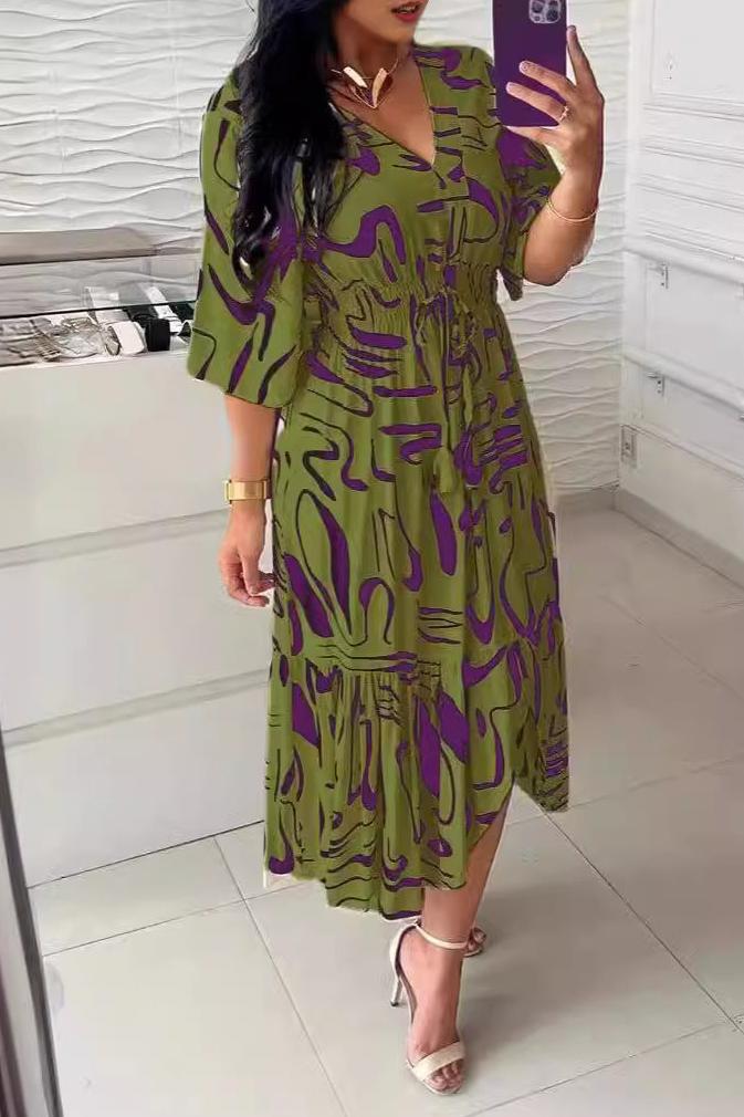 Printed V-Neck High Waist Lace-Up Dress