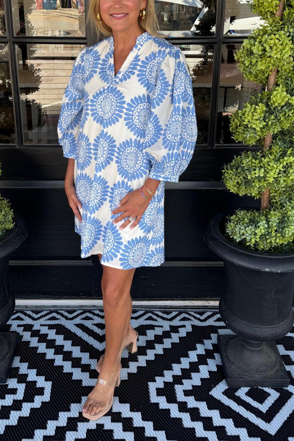 Medallion Print Balloon Sleeve Mini Dress
