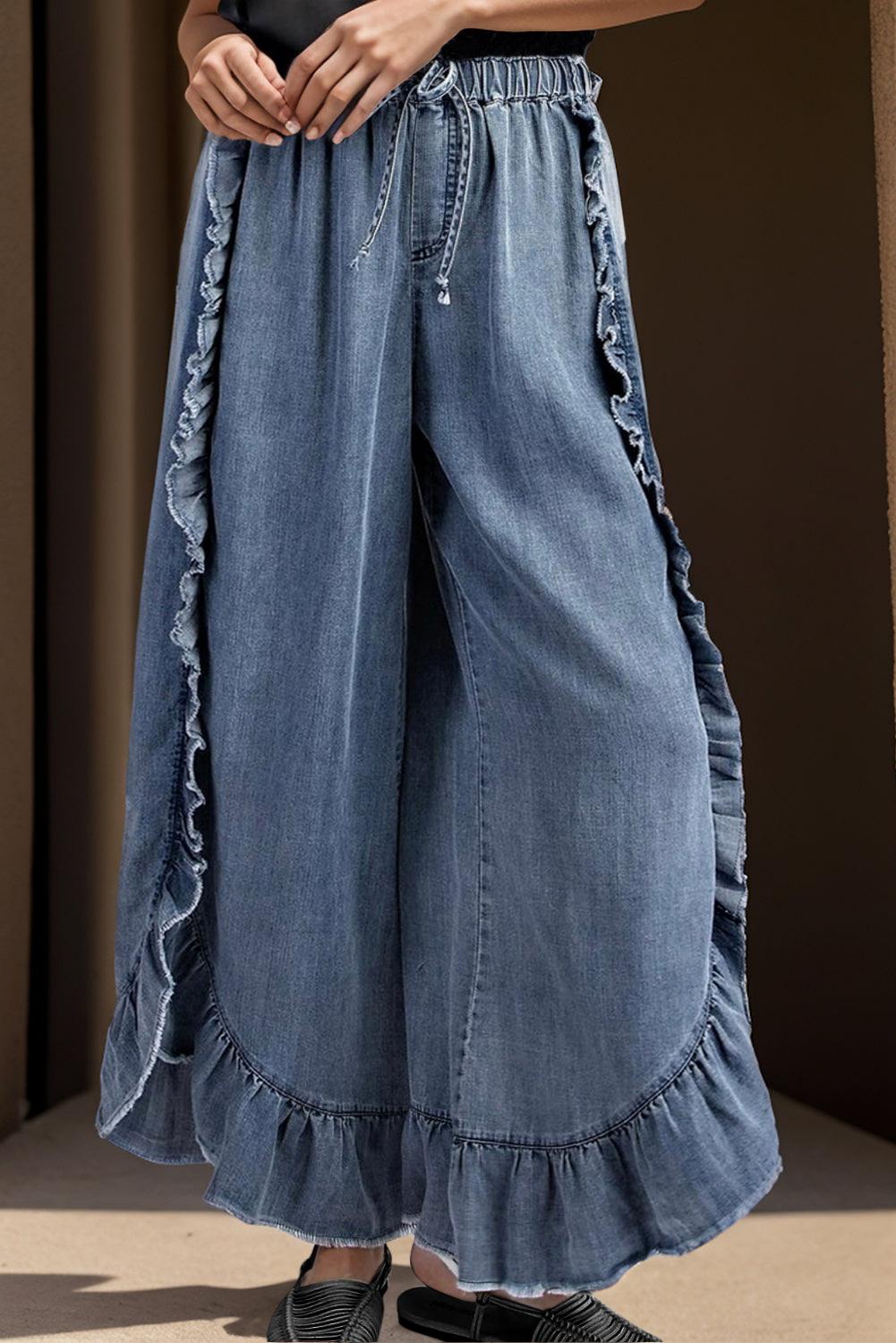 Drawstring Ruffled Wide Leg Jeans