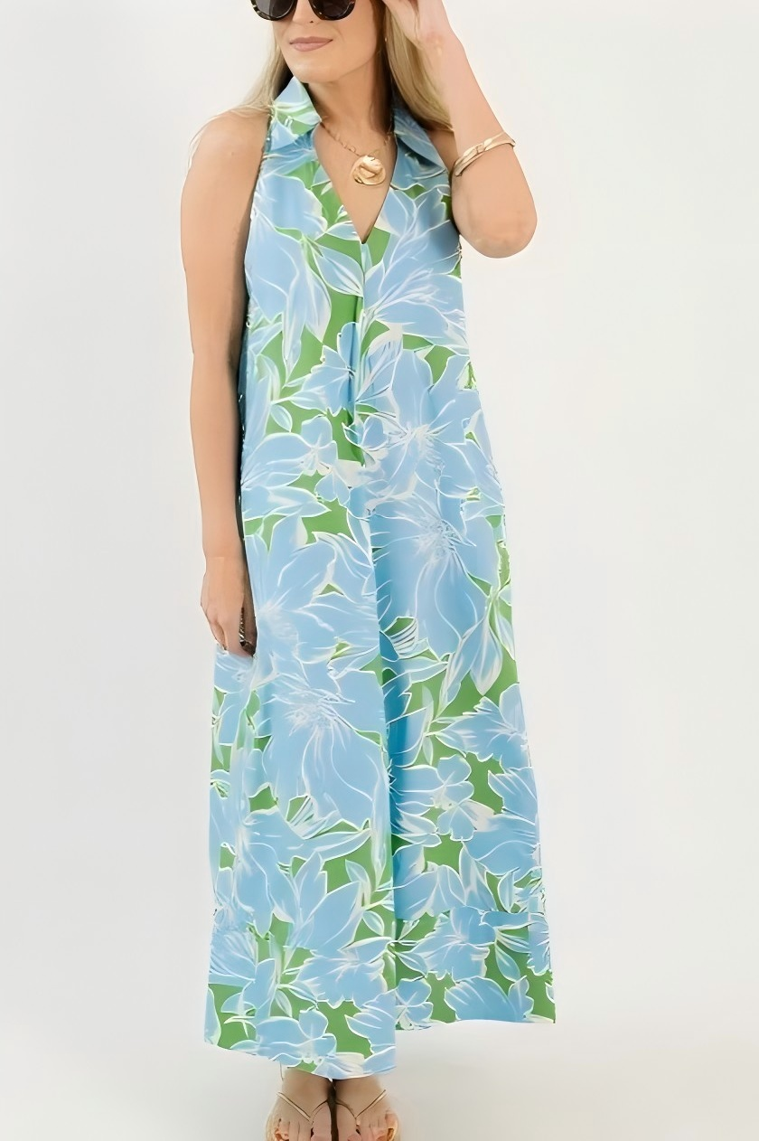 Collared Halter Neck Floral Maxi Dress