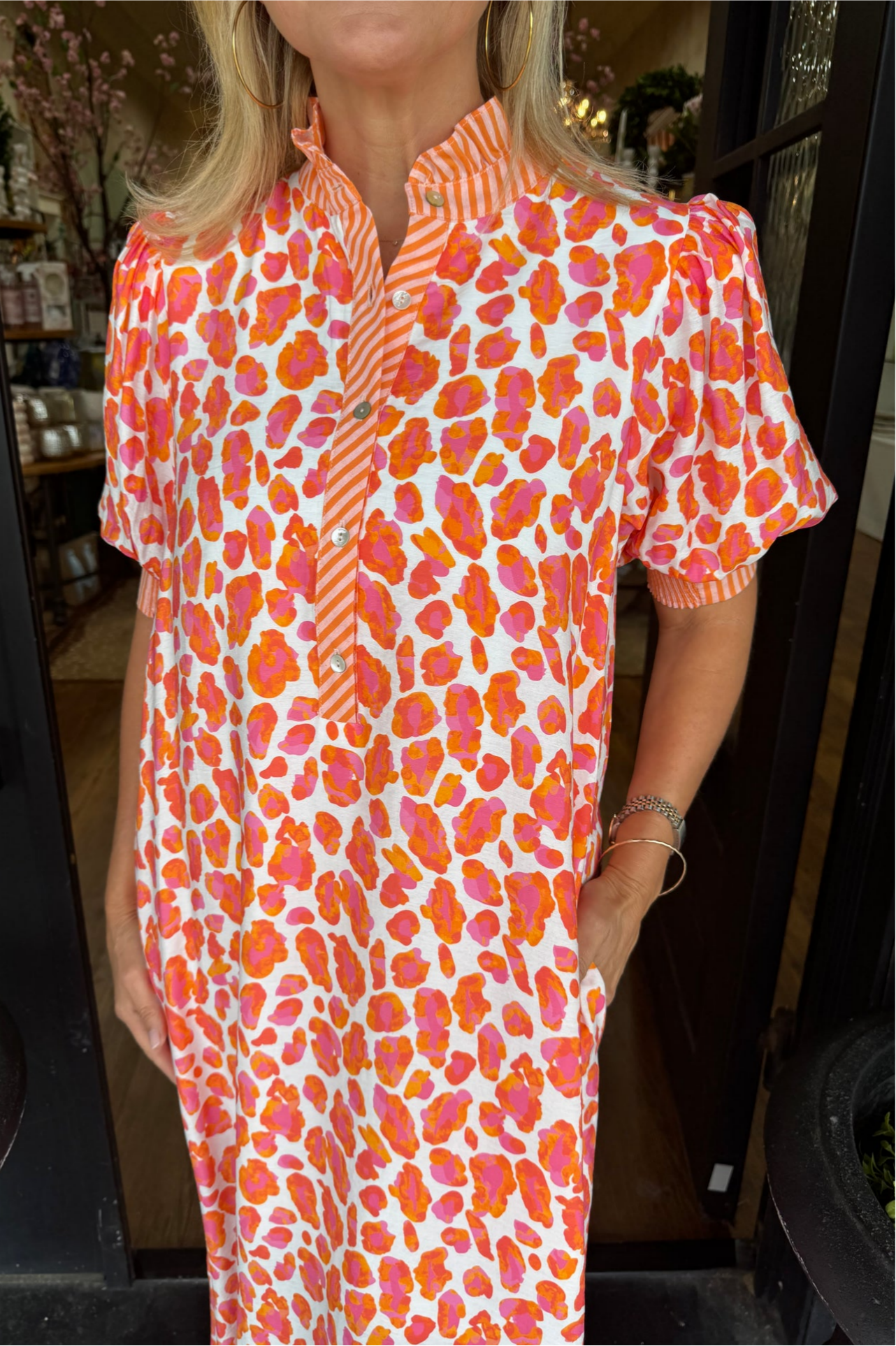 Orange Leopard Print Puff Sleeve Dress