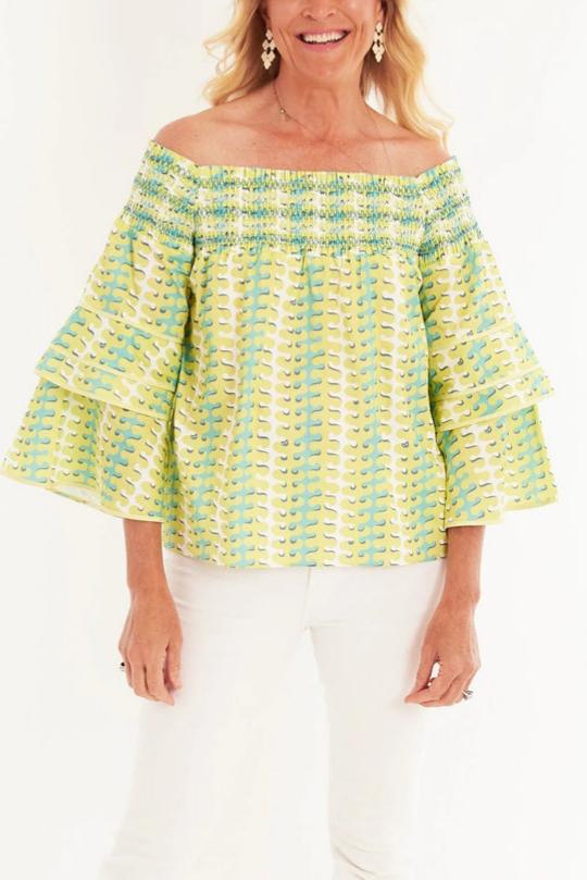 Off-Shoulder Bell Sleeve Printed Blouse