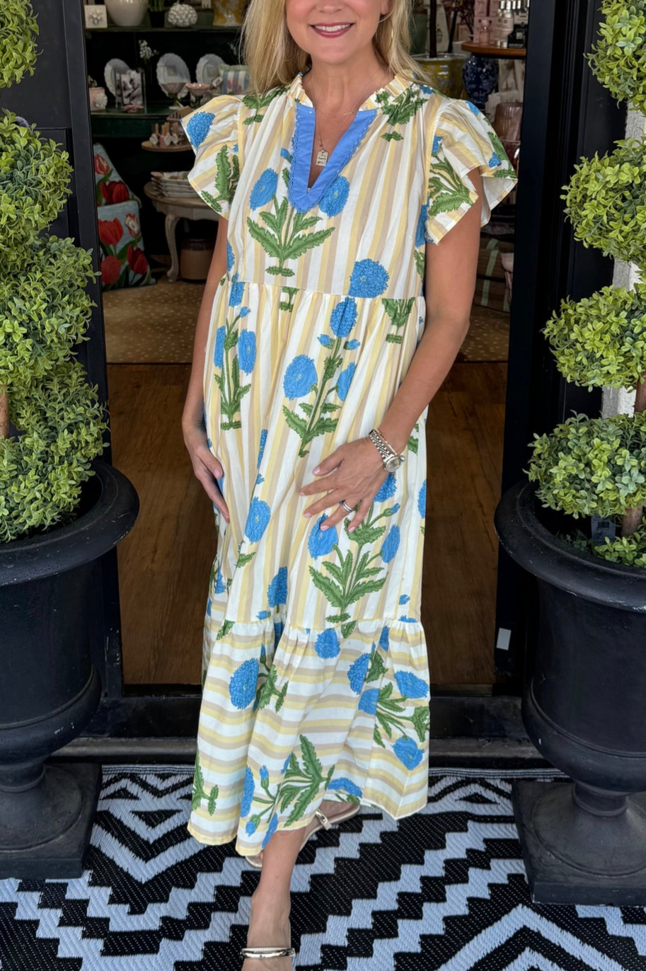 V-Neck Floral Stripe Print Ruffle Sleeve Dress
