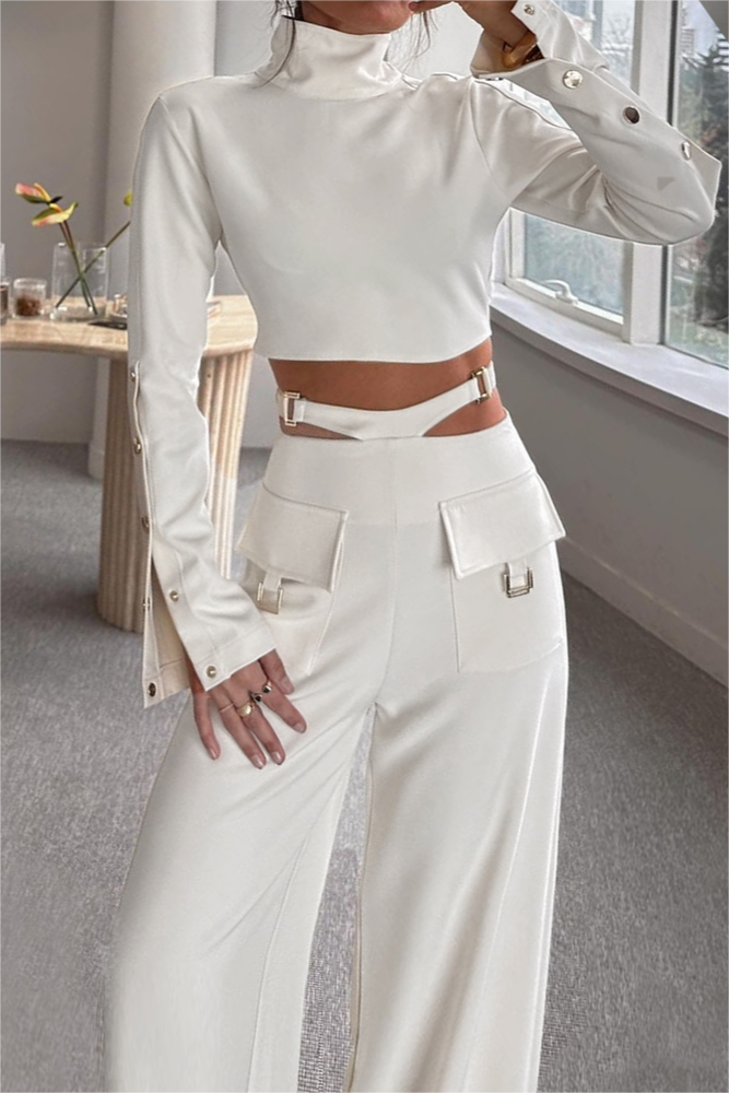 Solid Color High Collar Long Sleeve Cross Two Piece Suit