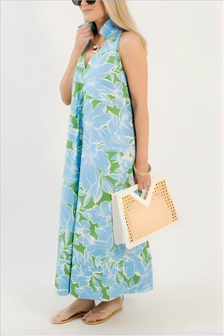 Collared Halter Neck Floral Maxi Dress