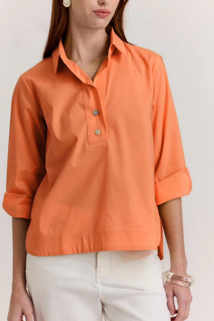 Three-Quarter Sleeve Stretch Cotton-Blend Popover Blouse