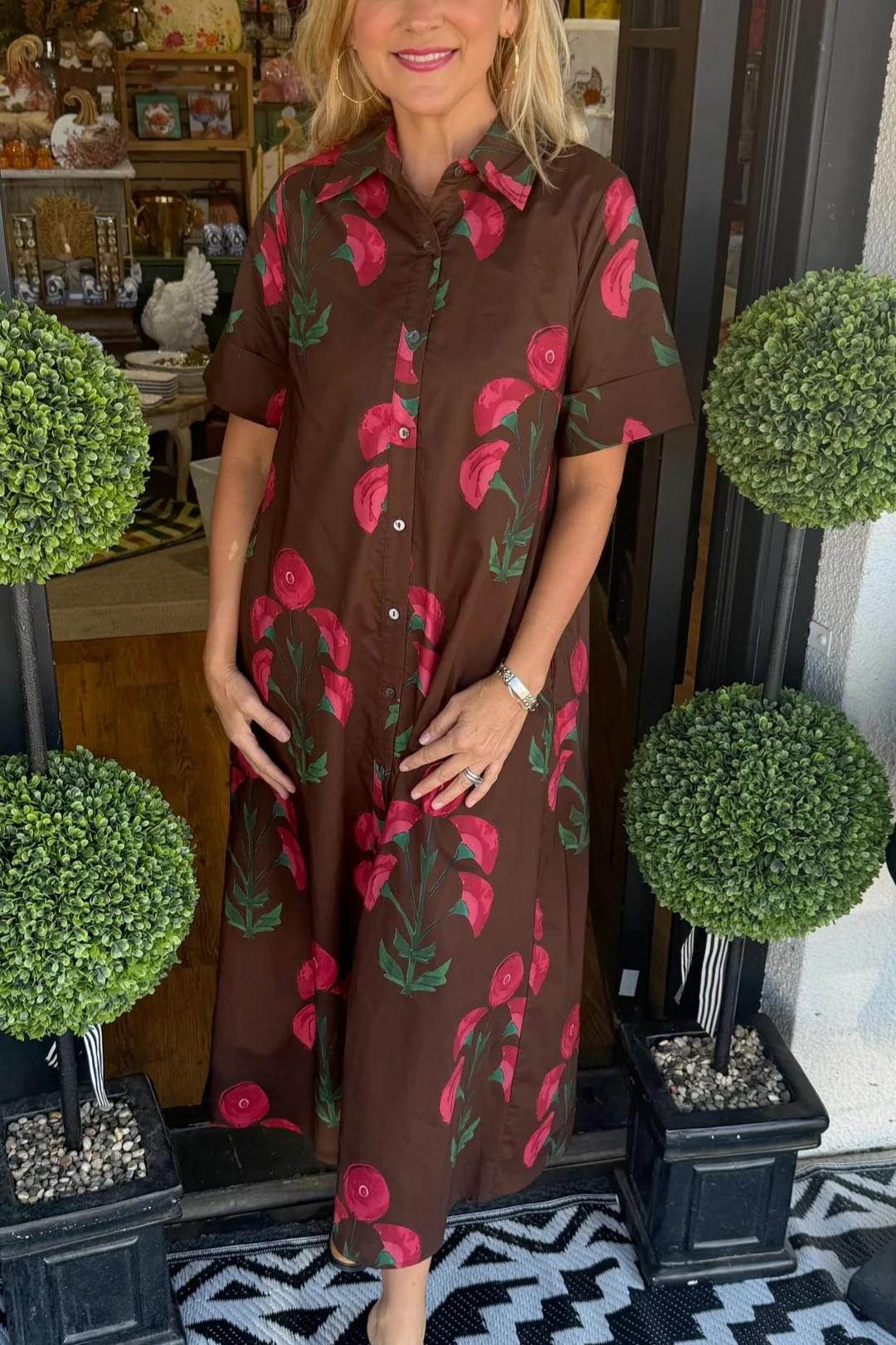 Floral Print Short Sleeve Shirt Maxi Dress