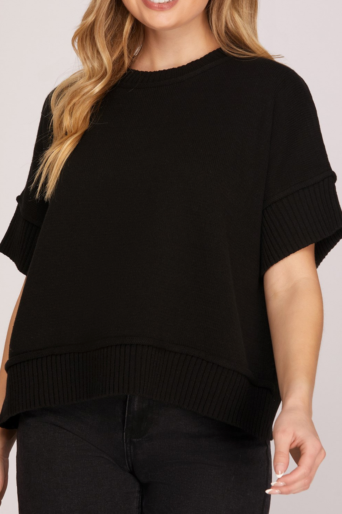 Drop Half Sleeve Crew Neck Sweater