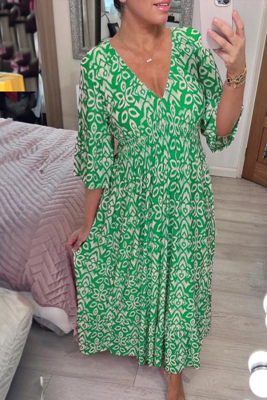 Bohemian Casual Print V-neck Shirred Waist Long Dress
