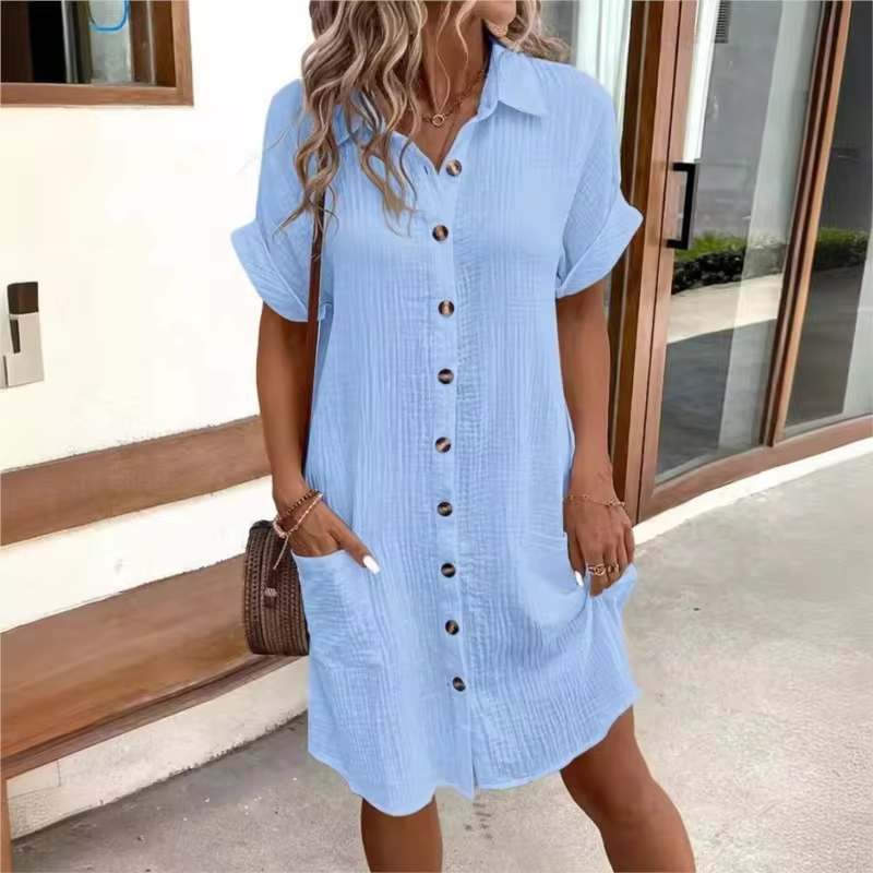 Women's Button Down Linen Shirt Dress With Pockets