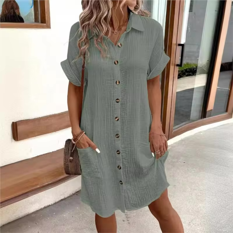 Women's Button Down Linen Shirt Dress With Pockets