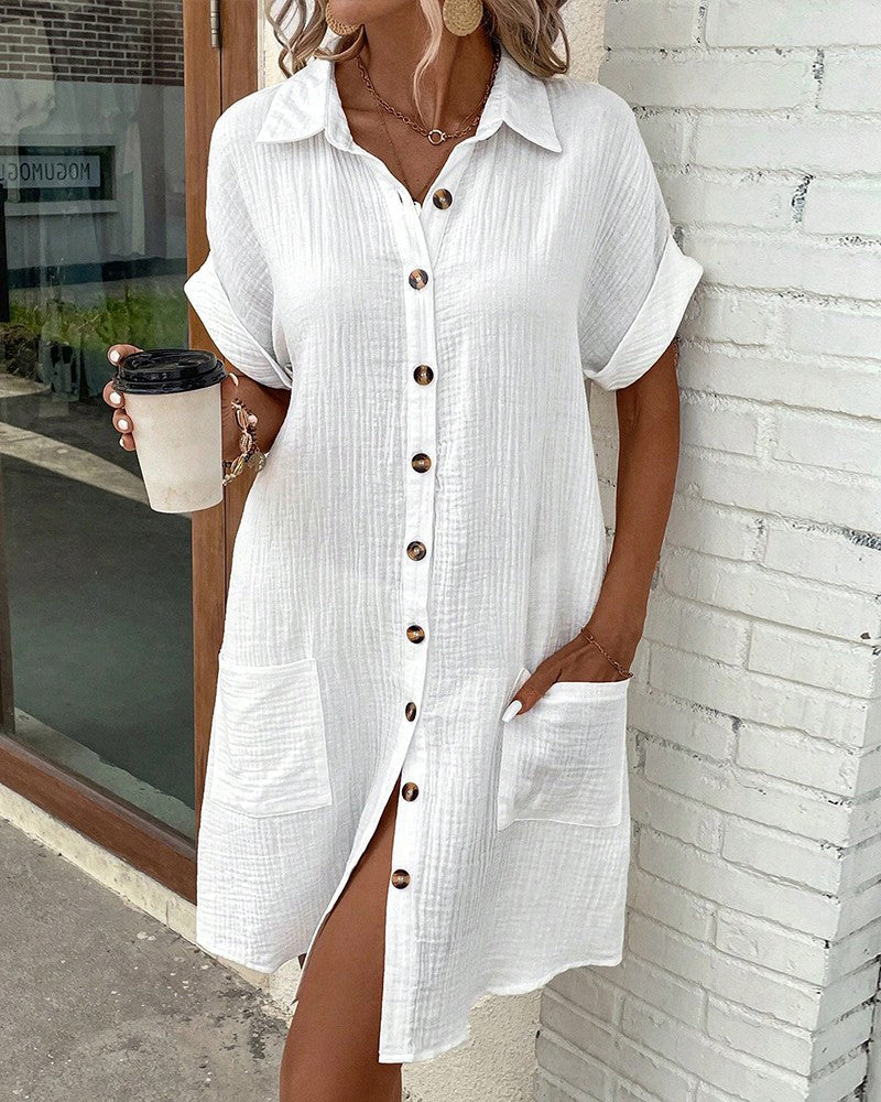 Women's Button Down Linen Shirt Dress With Pockets